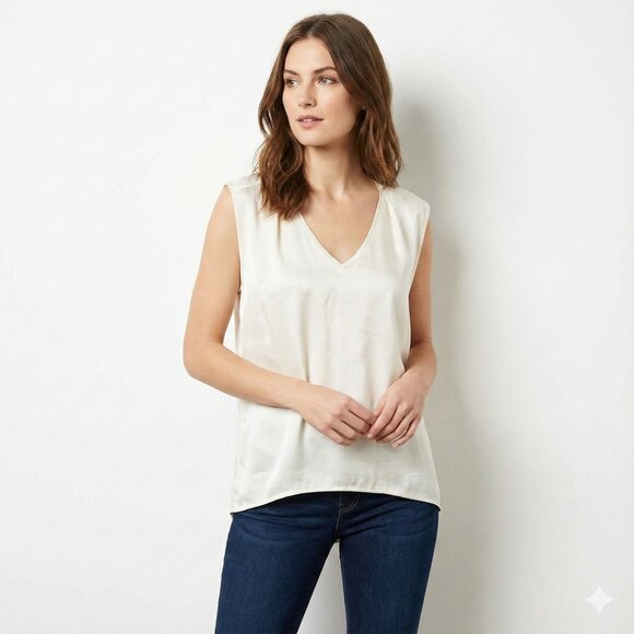 Mango Women’s Silk Front Blouse Sleeveless Satin V-neck Neutral Minimalist XS - Picture 1 of 11